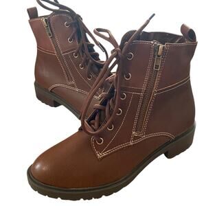 St Johns Bay Womens Ankle Booties 6.5M Brown Lace Up Side zip Faux Leather
